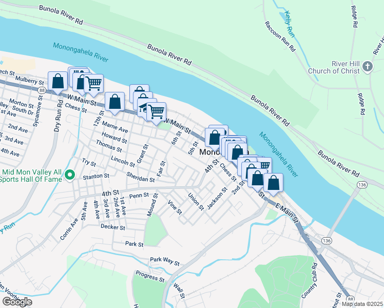 map of restaurants, bars, coffee shops, grocery stores, and more near 315 5th Street in Monongahela