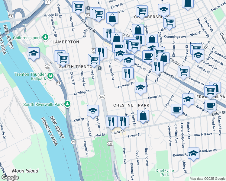 map of restaurants, bars, coffee shops, grocery stores, and more near 171 Jersey Street in Trenton