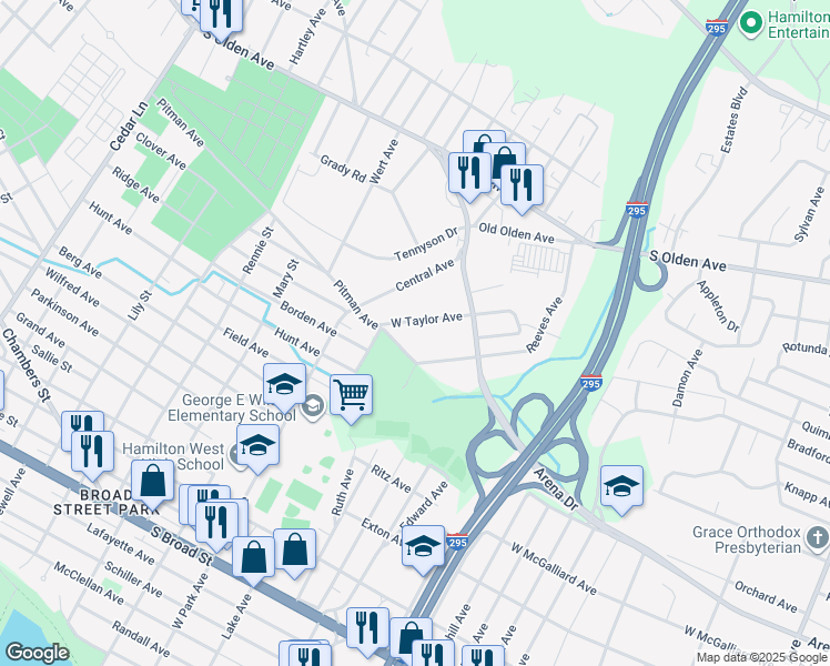 map of restaurants, bars, coffee shops, grocery stores, and more near 83 West Taylor Avenue in Trenton