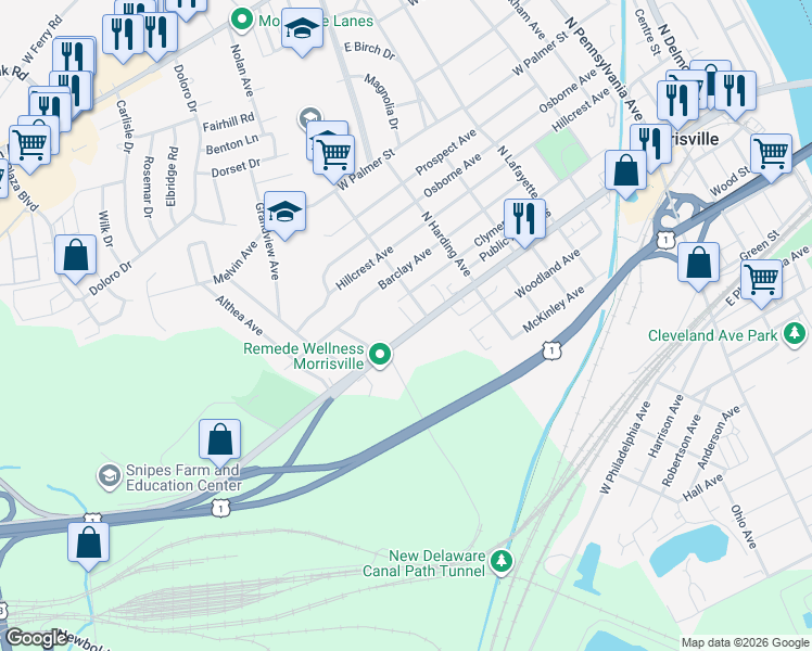map of restaurants, bars, coffee shops, grocery stores, and more near 624 West Bridge Street in Morrisville