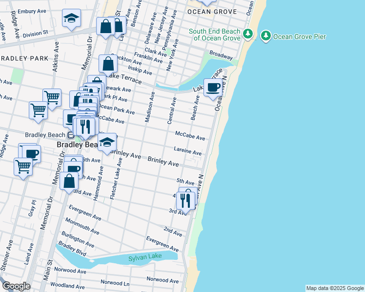 map of restaurants, bars, coffee shops, grocery stores, and more near 702 Beach Avenue in Bradley Beach