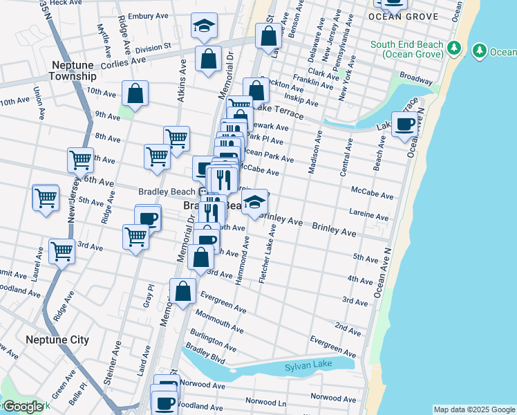 map of restaurants, bars, coffee shops, grocery stores, and more near 600 Brinley Avenue in Bradley Beach
