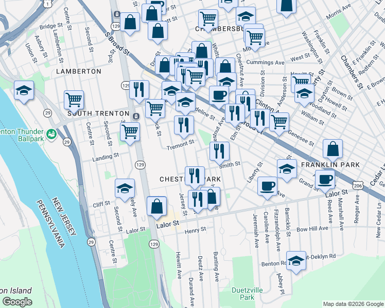 map of restaurants, bars, coffee shops, grocery stores, and more near 25 Randall Avenue in Trenton