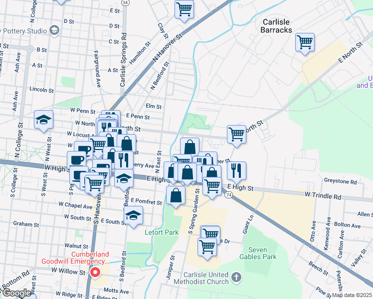 map of restaurants, bars, coffee shops, grocery stores, and more near 128 Porter Avenue in Carlisle
