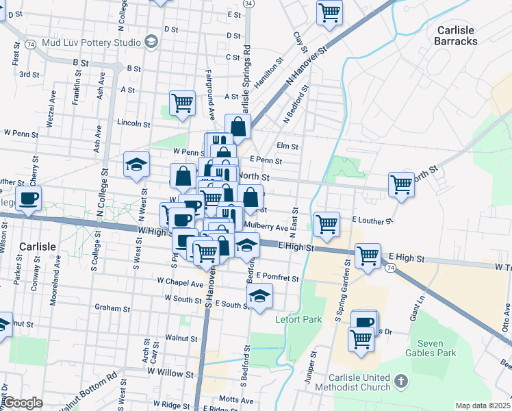 map of restaurants, bars, coffee shops, grocery stores, and more near 65 East Louther Street in Carlisle
