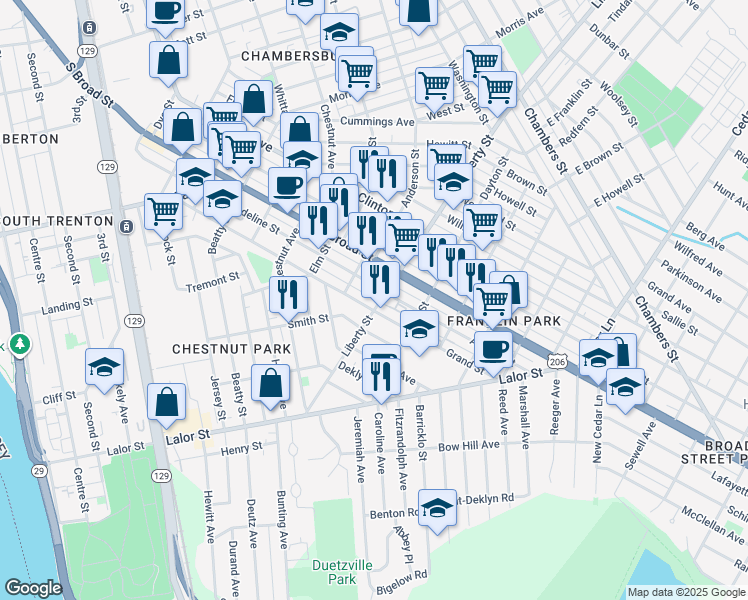 map of restaurants, bars, coffee shops, grocery stores, and more near 184 Liberty Street in Trenton