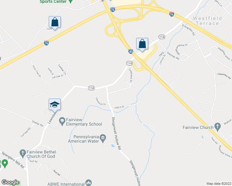 map of restaurants, bars, coffee shops, grocery stores, and more near 34 Crescent Drive in New Cumberland