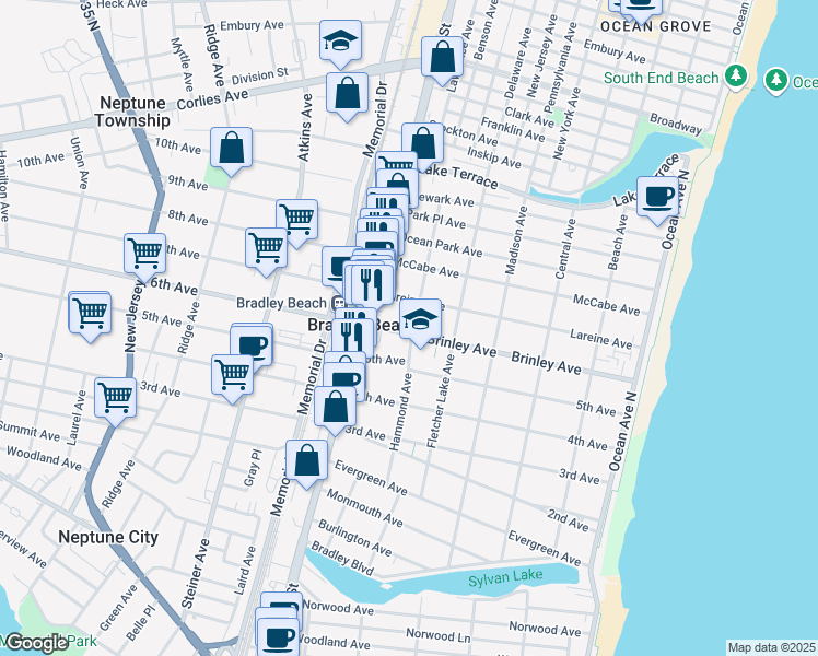 map of restaurants, bars, coffee shops, grocery stores, and more near 600 Brinley Avenue in Bradley Beach