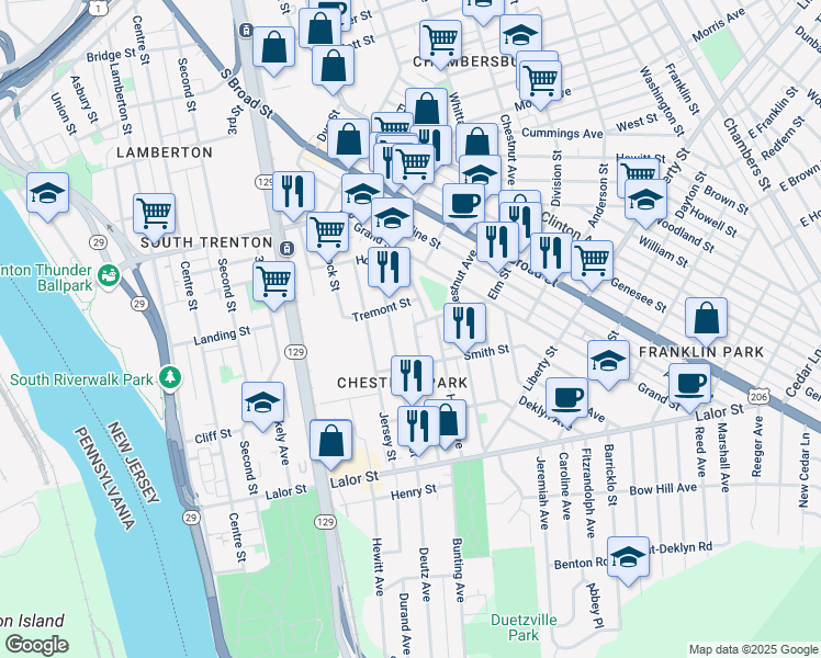 map of restaurants, bars, coffee shops, grocery stores, and more near 25 Randall Avenue in Trenton