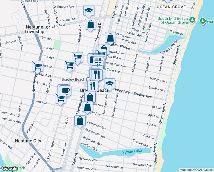 map of restaurants, bars, coffee shops, grocery stores, and more near 600 Brinley Avenue in Bradley Beach