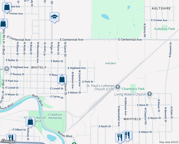 map of restaurants, bars, coffee shops, grocery stores, and more near 1108 North Leland Avenue in Muncie