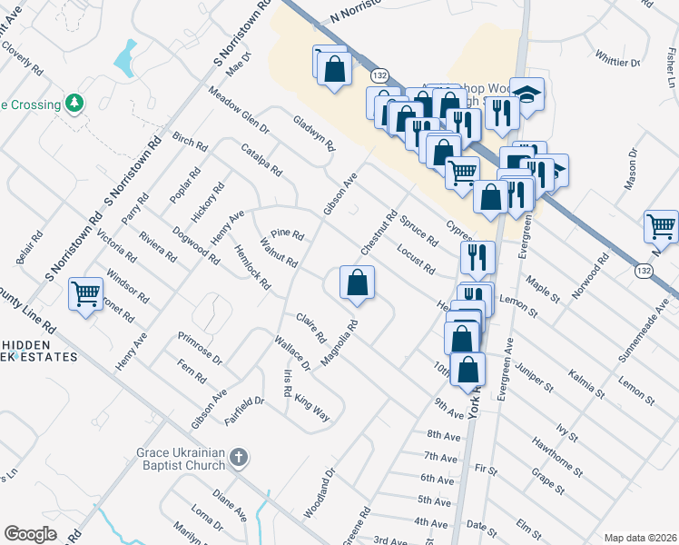 map of restaurants, bars, coffee shops, grocery stores, and more near 347 Magnolia Road in Warminster