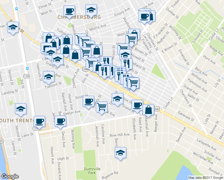 map of restaurants, bars, coffee shops, grocery stores, and more near 832 Adeline Street in Trenton