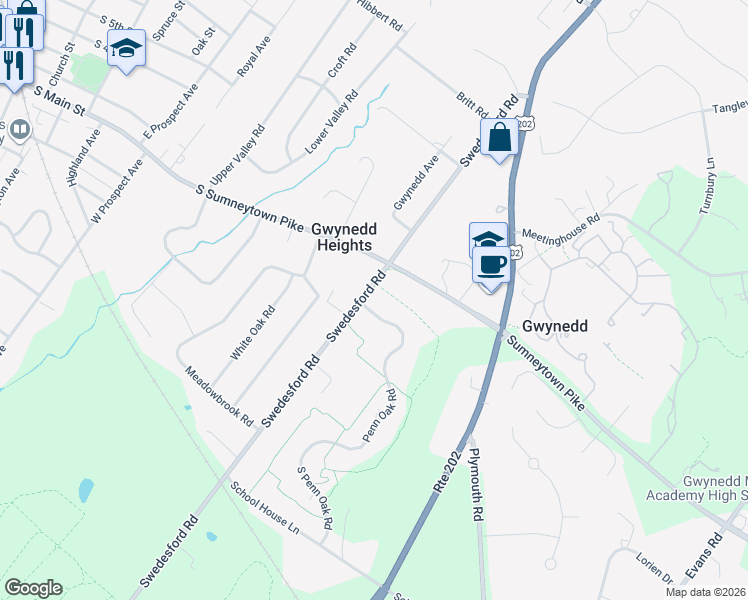 map of restaurants, bars, coffee shops, grocery stores, and more near 996 North Penn Oak Road in Gwynedd Valley