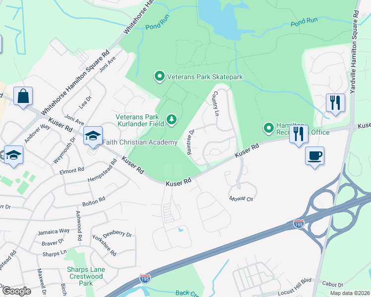 map of restaurants, bars, coffee shops, grocery stores, and more near 47 Raintree Drive in Trenton