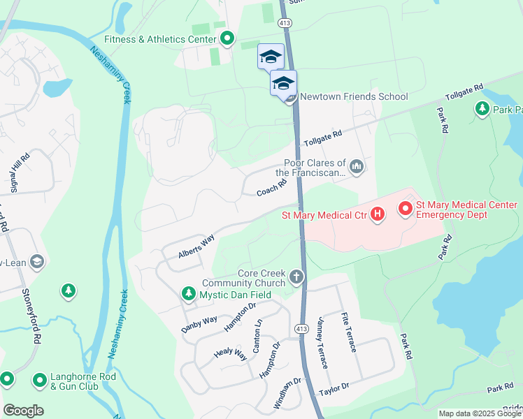 map of restaurants, bars, coffee shops, grocery stores, and more near 53 Alberts Way in Langhorne
