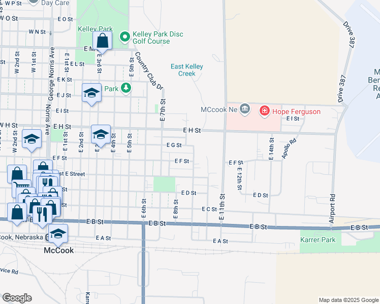 map of restaurants, bars, coffee shops, grocery stores, and more near 952 East G Street in McCook