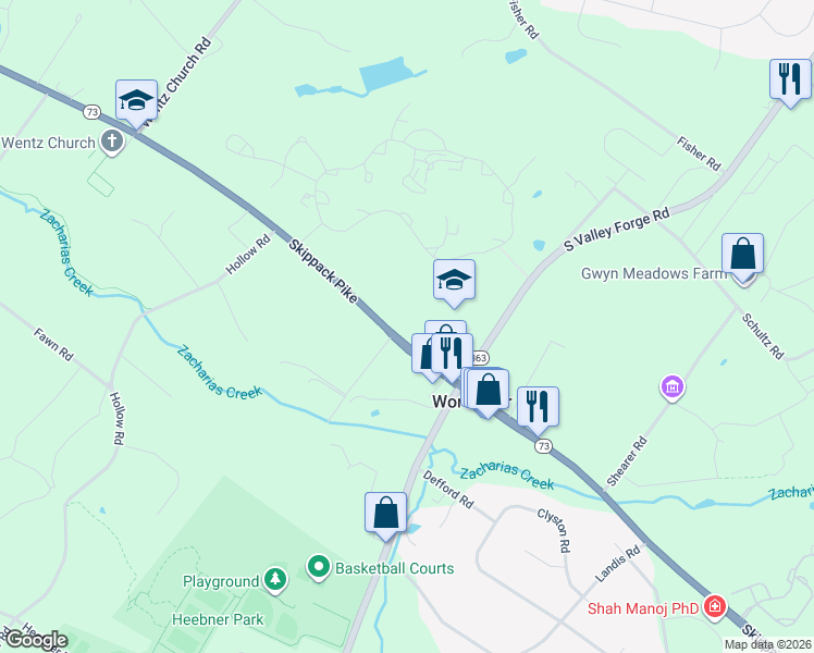 map of restaurants, bars, coffee shops, grocery stores, and more near 3021 West Skippack Pike in Lansdale