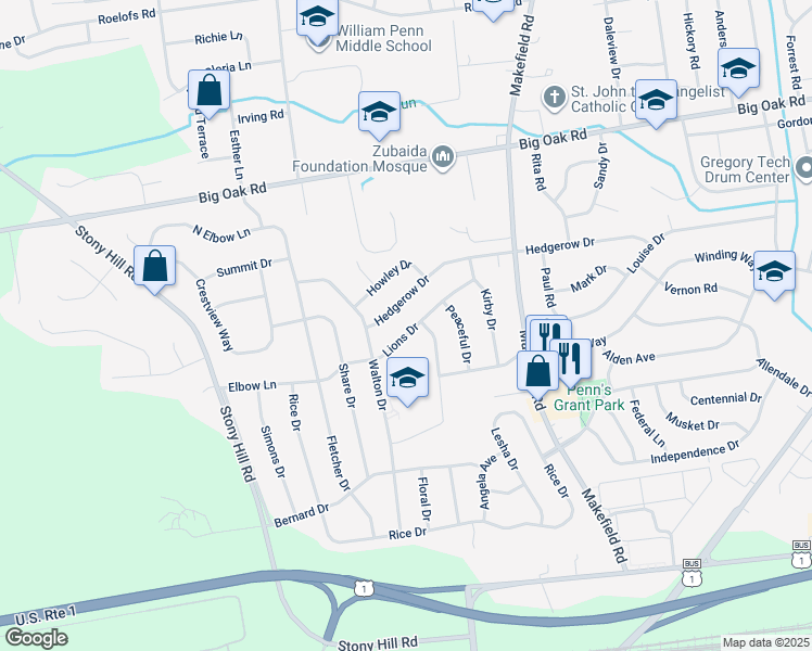map of restaurants, bars, coffee shops, grocery stores, and more near 66 Lions Drive in Morrisville