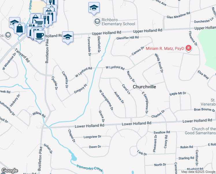 map of restaurants, bars, coffee shops, grocery stores, and more near 130 Andrea Drive in Richboro