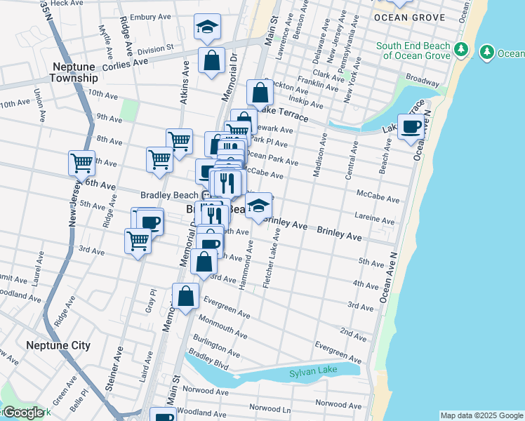 map of restaurants, bars, coffee shops, grocery stores, and more near 600 Brinley Avenue in Bradley Beach