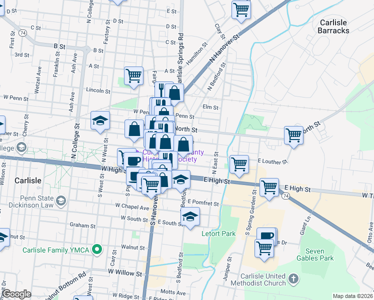 map of restaurants, bars, coffee shops, grocery stores, and more near 75 East Louther Street in Carlisle