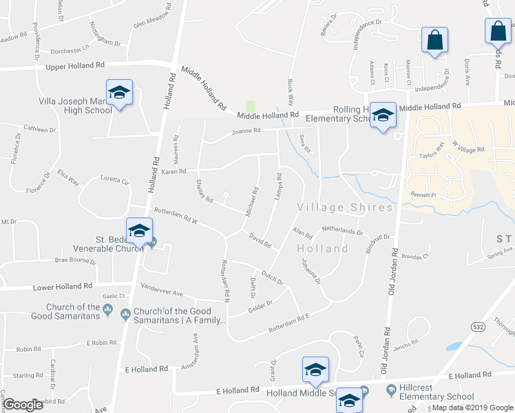 map of restaurants, bars, coffee shops, grocery stores, and more near 58 Michael Road in Holland