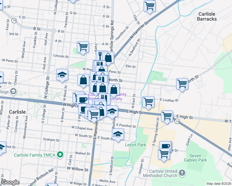 map of restaurants, bars, coffee shops, grocery stores, and more near 65 East Louther Street in Carlisle