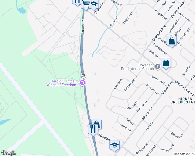 map of restaurants, bars, coffee shops, grocery stores, and more near 1198 Easton Road in Horsham