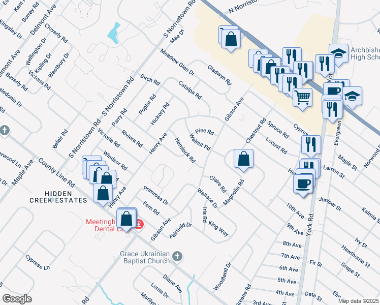 map of restaurants, bars, coffee shops, grocery stores, and more near 885 Hemlock Road in Warminster