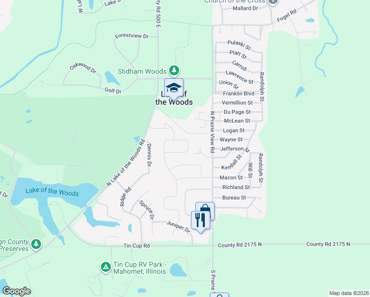 map of restaurants, bars, coffee shops, grocery stores, and more near 2010 Prairie Grass Lane in Mahomet