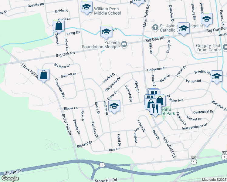 map of restaurants, bars, coffee shops, grocery stores, and more near 66 Lions Drive in Morrisville