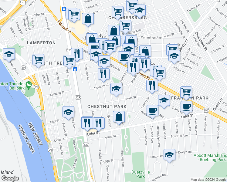 map of restaurants, bars, coffee shops, grocery stores, and more near 15 Elm Street in Trenton