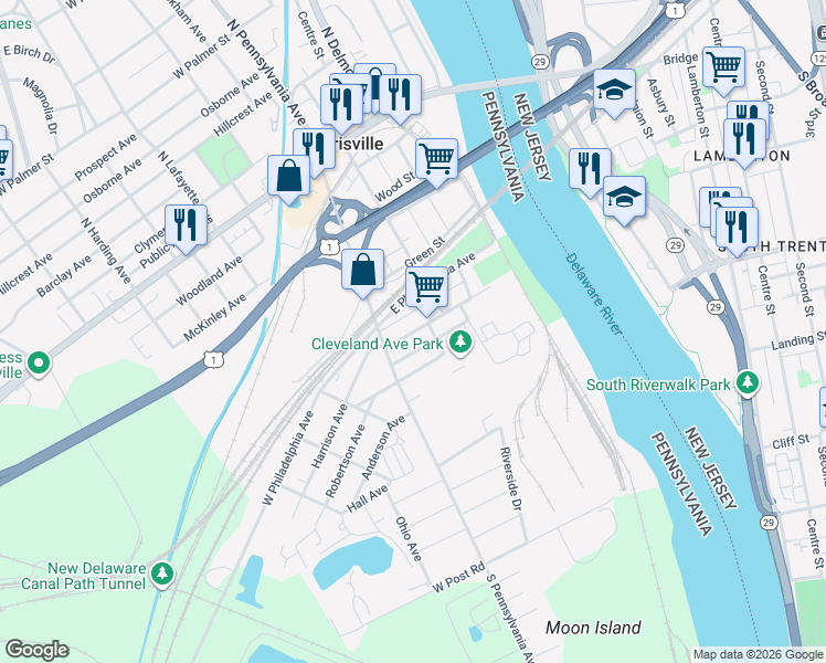 map of restaurants, bars, coffee shops, grocery stores, and more near 44 Delaware Avenue in Morrisville