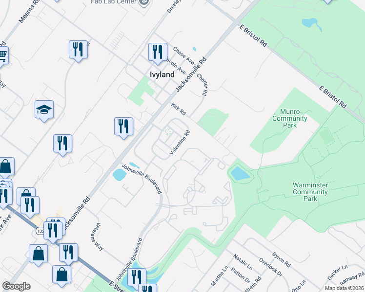 map of restaurants, bars, coffee shops, grocery stores, and more near 47 Valentine Road in Ivyland