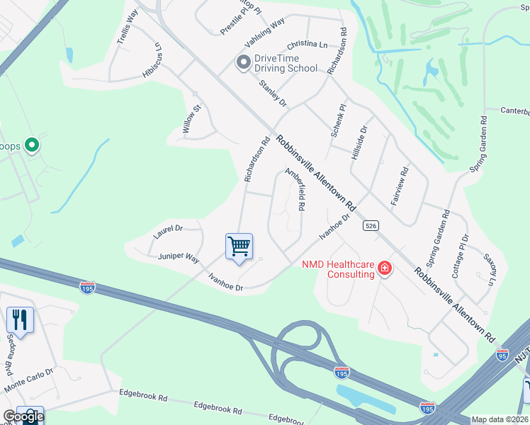 map of restaurants, bars, coffee shops, grocery stores, and more near 55 Amberfield Road in Robbinsville Township