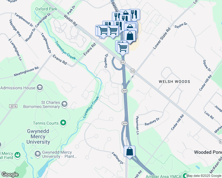 map of restaurants, bars, coffee shops, grocery stores, and more near 1275 Johnson Lane in Spring House