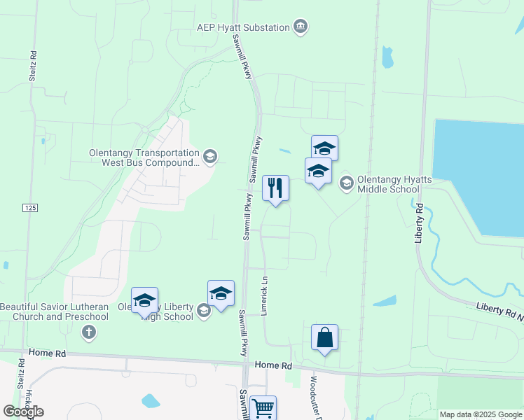 map of restaurants, bars, coffee shops, grocery stores, and more near 6825 Kinsale Lane in Powell