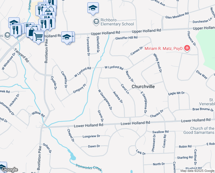 map of restaurants, bars, coffee shops, grocery stores, and more near 130 Andrea Drive in Richboro