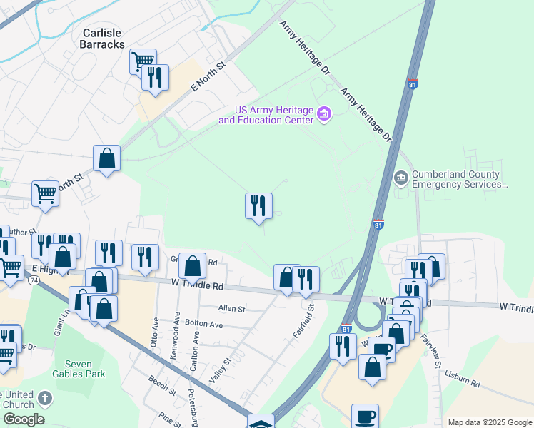 map of restaurants, bars, coffee shops, grocery stores, and more near 901 Jim Thorpe Road in Carlisle