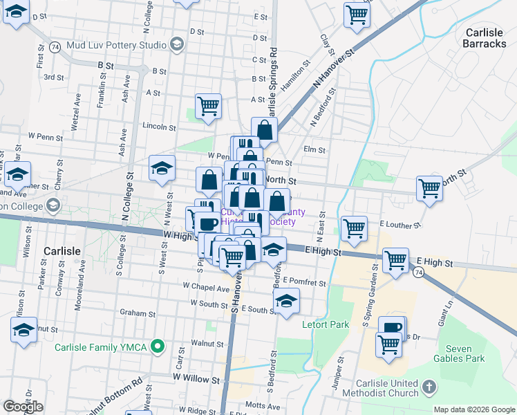 map of restaurants, bars, coffee shops, grocery stores, and more near 37 North Hanover Street in Carlisle