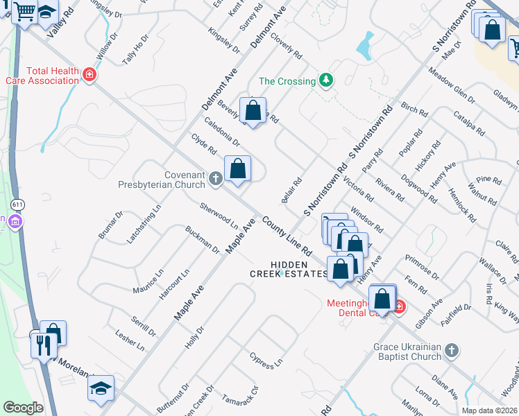 map of restaurants, bars, coffee shops, grocery stores, and more near 1171 West County Line Road in Hatboro