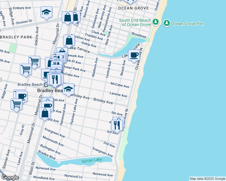 map of restaurants, bars, coffee shops, grocery stores, and more near 214 Lareine Avenue in Bradley Beach