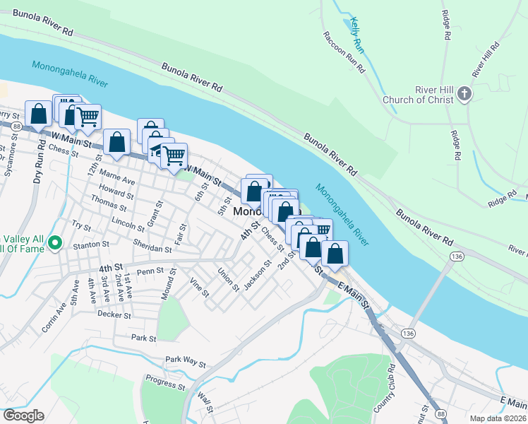 map of restaurants, bars, coffee shops, grocery stores, and more near in Monongahela