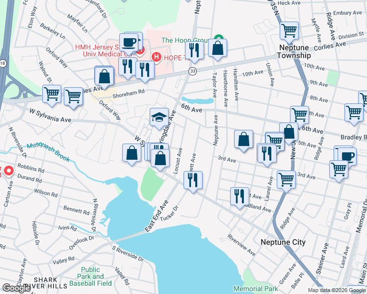 map of restaurants, bars, coffee shops, grocery stores, and more near 94 Locust Avenue in Neptune City