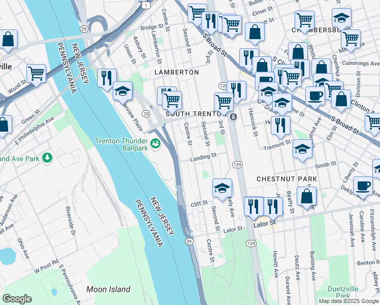map of restaurants, bars, coffee shops, grocery stores, and more near 583 Centre Street in Trenton