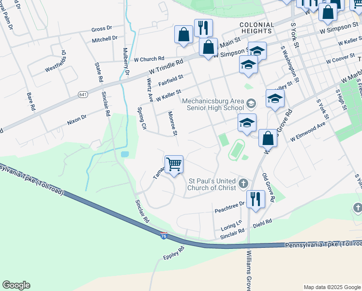 map of restaurants, bars, coffee shops, grocery stores, and more near 319 Monroe Street in Mechanicsburg