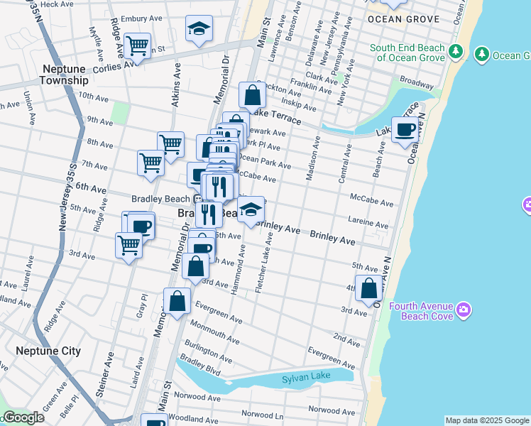 map of restaurants, bars, coffee shops, grocery stores, and more near 605 1/2 Fletcher Lake Avenue in Bradley Beach