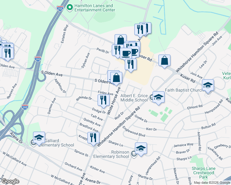 map of restaurants, bars, coffee shops, grocery stores, and more near 854 White Horse Avenue in Hamilton Township