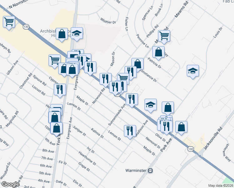 map of restaurants, bars, coffee shops, grocery stores, and more near Street Road in Warminster